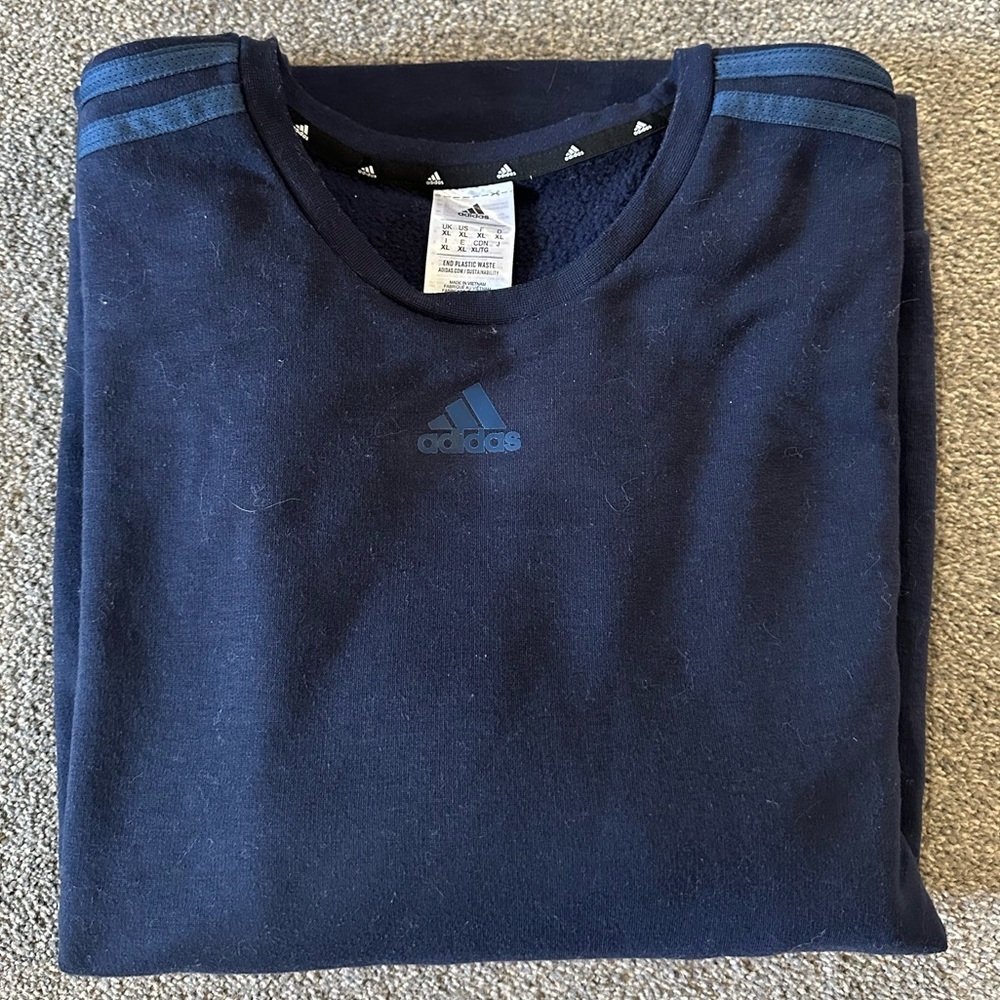 Adidas Sweatshirt Mens Navy Three Stripe Logo Pullover Soft Stretchy - Picture 6 of 6